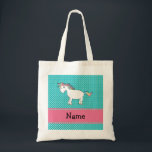 Personalisierter Name niedlich Einhorn Tragetasche<br><div class="desc">Türkis/aquamarin/Aqua-Polka-Punktmuster mit einem niedlichen Regenbogen-Einhorn und rosa Diamantenstreifen (nicht echte Diamanten) personalisiert mit Ihren Namen Geschenke oder Monogramm-Geschenke oder Ihre Initialen</div>