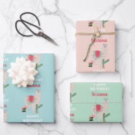 Personalisierter Name Niedlich Llama Cactus Birthd Geschenkpapier Set