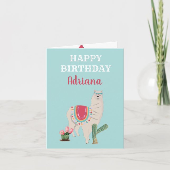 Personalisierter Name Niedlich Llama Cactus Birthd Karte (Vorderseite)