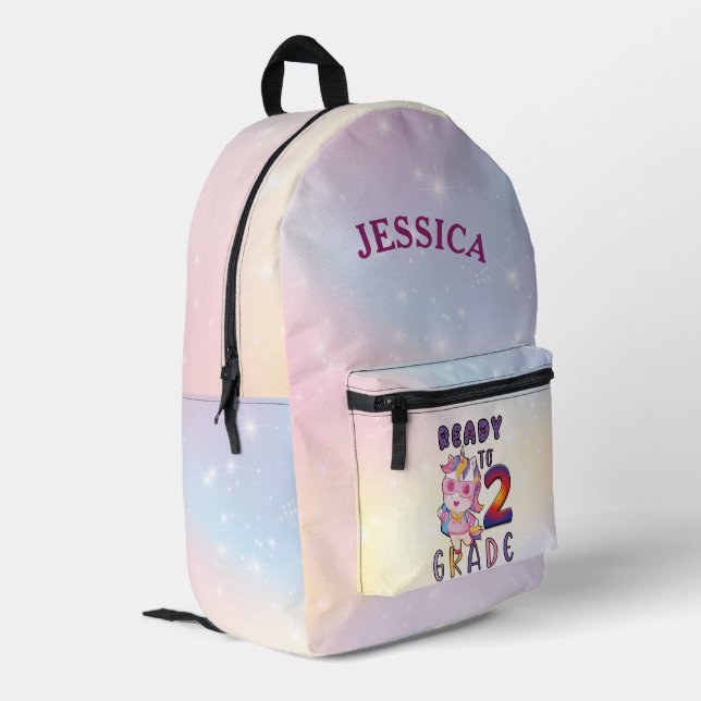 Personalisierter Name niedlich Unicorn 2. Bedruckter Rucksack (Rückseitige Ecke links)