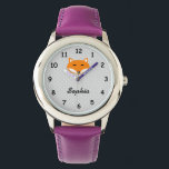 Personalisierter Name niedlicher Roter Fuchs lila  Armbanduhr<br><div class="desc">Personalisierten lila Mädchen sehen mit niedlichem rotem Fuchs zu. Personalisierbare Armbanduhren für Kinder. Girly Birthday oder Weihnachten Geschenk Idee für Mädchen. Wald-Tier-Vektordesign. Machen Sie Ihre eigene für Tochter,  Enkelin,  Enkelkind usw. Fügen Sie Ihren eigenen individuelle Name oder Monogramm Kinderbriefe hinzu. Graue Polka weist ein Hintergrundmuster auf. Schrift-Typografie-Vorlage.</div>