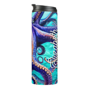 Personalisierter Name Octopus Blue Ocean Wave Abst Thermosbecher