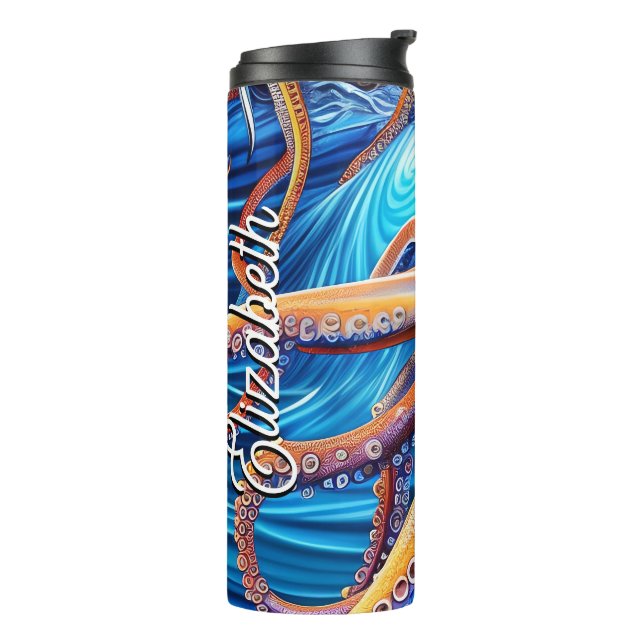 Personalisierter Name Octopus Blue Ocean Wave Thermosbecher (Nach links gedreht)