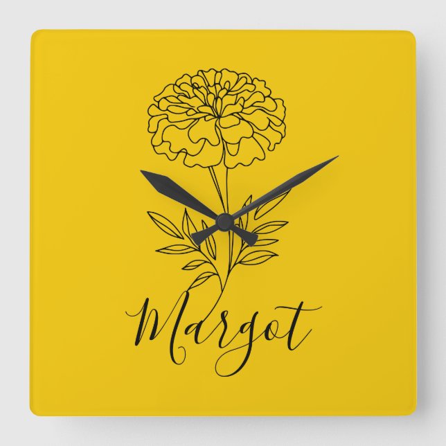 Personalisierter Name Oktober Marigold Birth Blume Quadratische Wanduhr (Vorderseite)