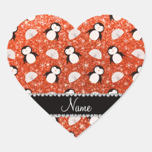 Personalisierter Name Orange Glitzer Pinguine Iglu Herz-Aufkleber