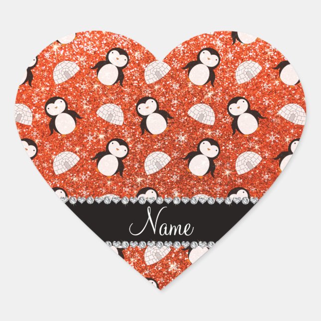 Personalisierter Name Orange Glitzer Pinguine Iglu Herz-Aufkleber (Vorderseite)