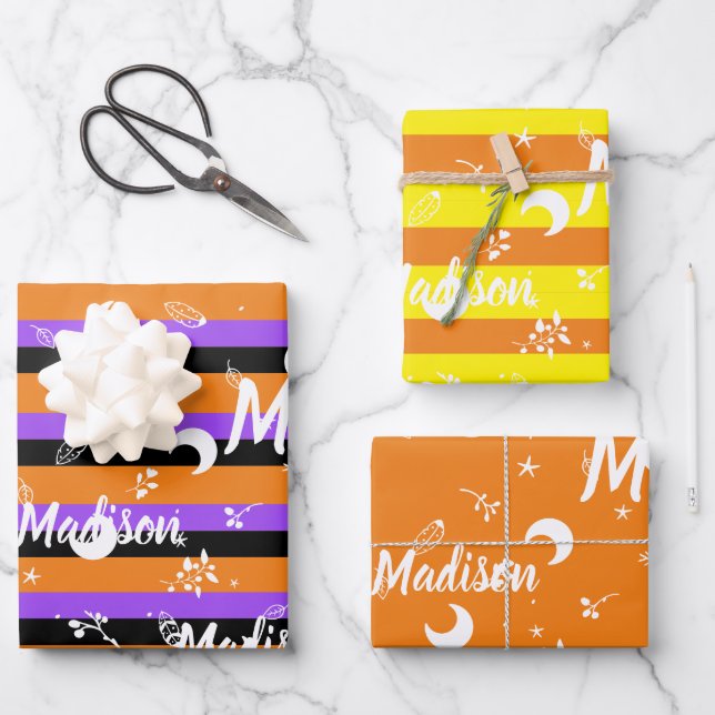 Personalisierter Name Orange Halloween Girl Whimsi Geschenkpapier Set (Vorderseite)