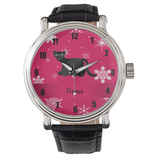 Personalisierter Name Panther rosa Schneeflocken Armbanduhr (Vorderseite)
