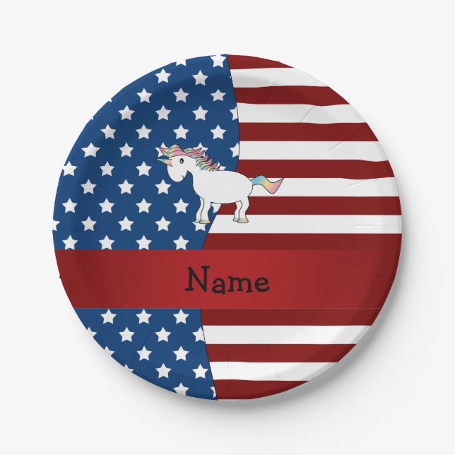 Personalisierter Name Patriotic unicorn Pappteller (Vorderseite)