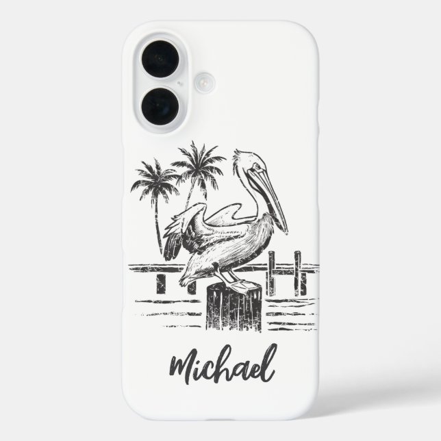 Personalisierter Name Pelican auf einem Palmenbaum iPhone 16 Hülle (Rückseite)