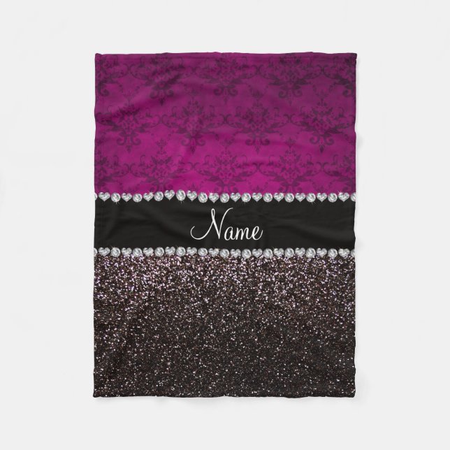 Personalisierter Name Pflaume rosa Damast Schwarze Fleecedecke (Vorderseite)