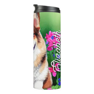 Personalisierter Name Picturesque Floral Corgi Thermosbecher