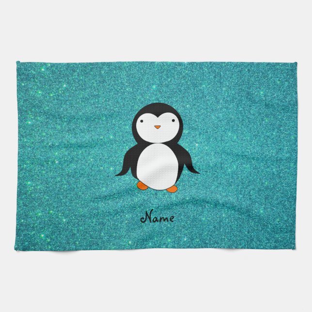 Personalisierter Name Pinguin Türkis Glitzer Handtuch (Horizontal)