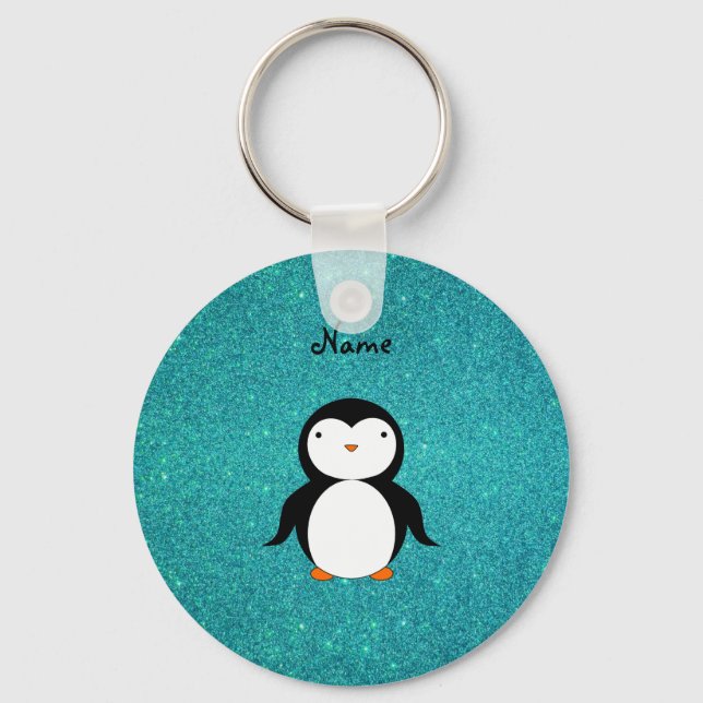 Personalisierter Name Pinguin Türkis Glitzer Schlüsselanhänger (Vorderseite)