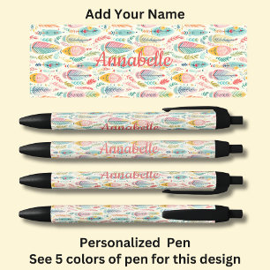 Personalisierter Name, Pink Aqua Boho Feathers Kugelschreiber