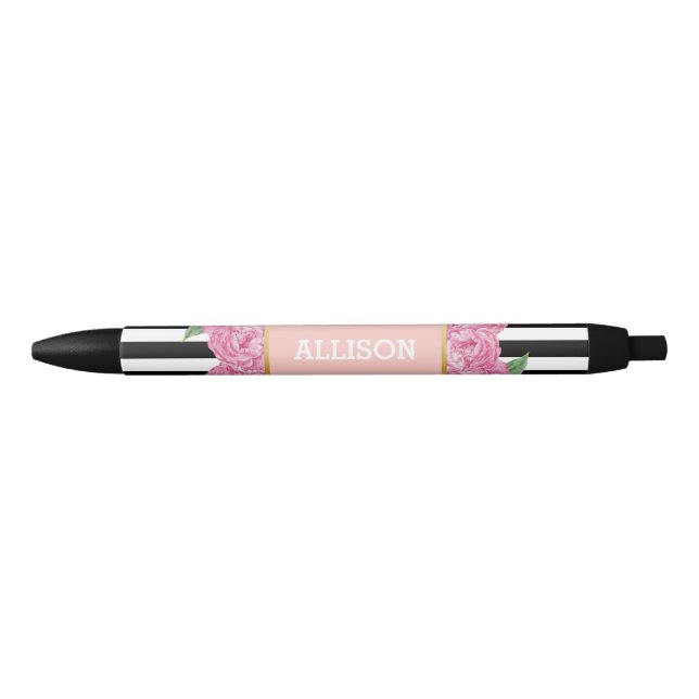 Personalisierter Name Pink Glam Black Stripes Peon Kugelschreiber (Vorderseite)