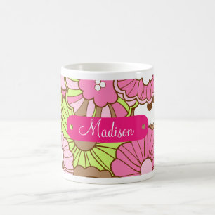 Personalisierter Name Pink Green Blume Muster Kaffeetasse