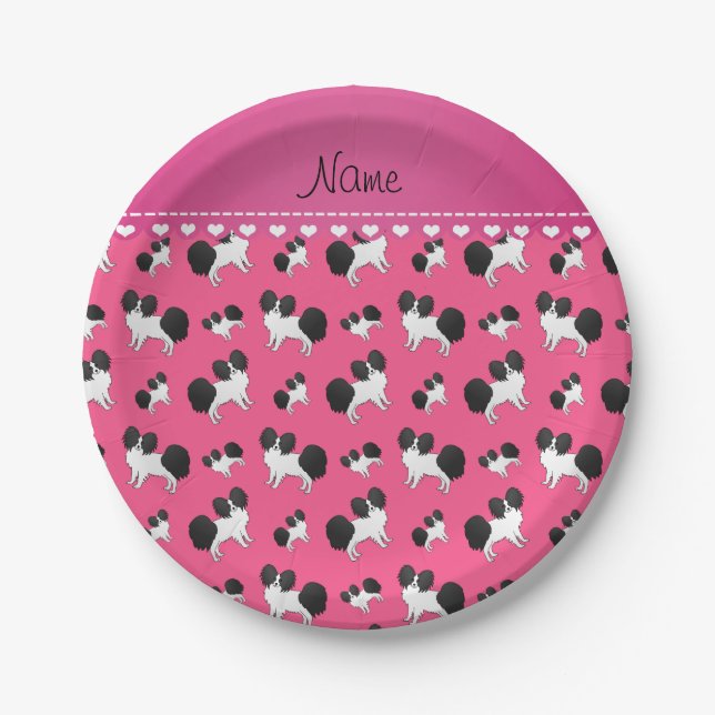Personalisierter Name Pink Papillon Hunde Pappteller (Vorderseite)
