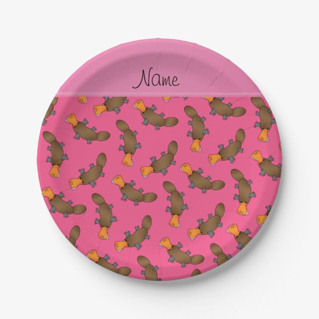Personalisierter Name Pink Platypus Pappteller (Vorderseite)