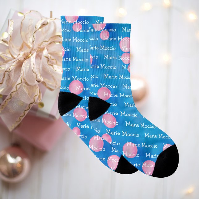 Personalisierter Name Pink Polka Dot Blubbles Blau Socken (Blue Birthday Socks)
