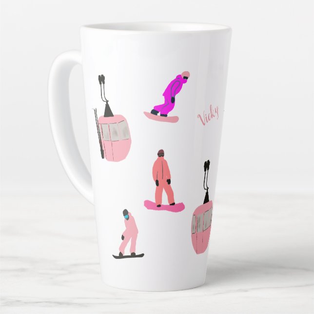 Personalisierter Name Pink Snowboard Snowboarden Milchtasse (Linke Ecke)