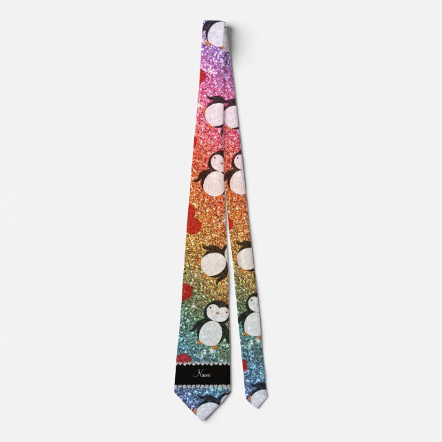 Personalisierter Name Regenbogen Glitzer Pinguine  Krawatte (Vorderseite)