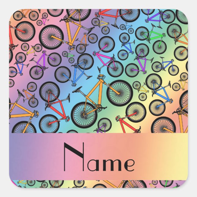 Personalisierter Name Regenbogen Mountainbikes Quadratischer Aufkleber (Vorderseite)