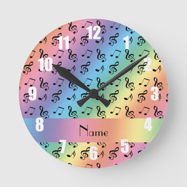 Personalisierter Name Regenbogen-Musiknoten Runde Wanduhr (Vorderseite)