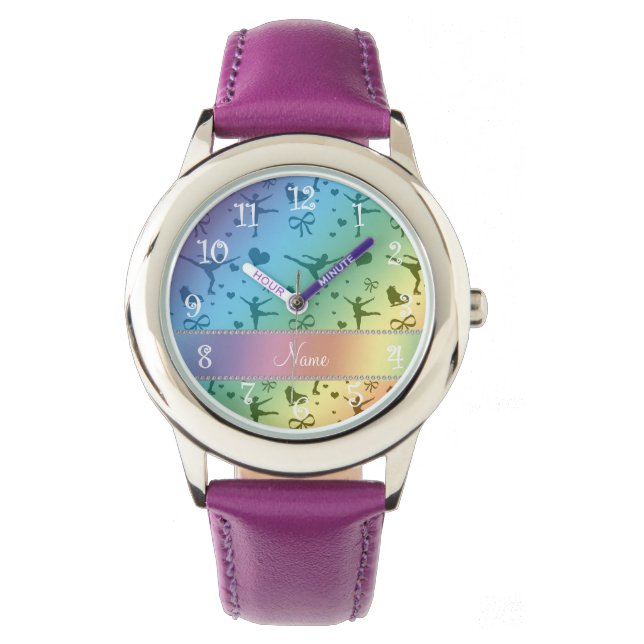 Personalisierter Name Regenbogenfigur Skaten Armbanduhr (Vorderseite)