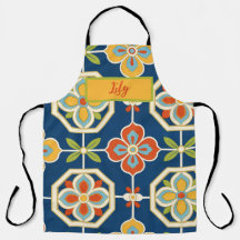 Personalisierter Name Retro-Blumenfliese Navyblau