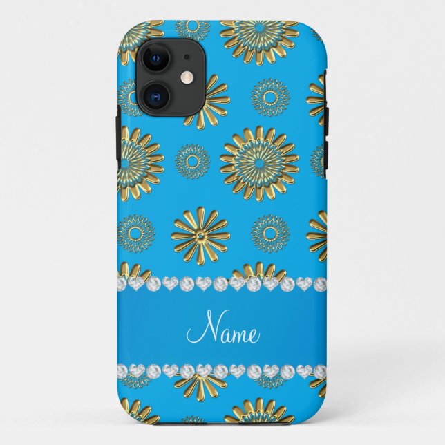 Personalisierter Name Retro himmelblaue goldene Bl Case-Mate iPhone Hülle (Rückseite)