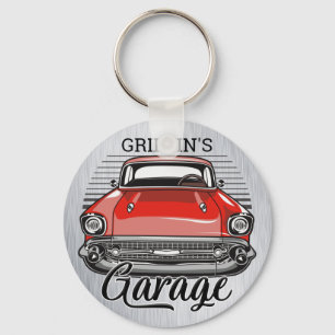 Personalisierter NAME Retro Red Classic Garage Schlüsselanhänger