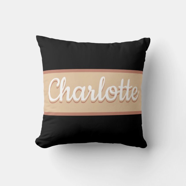 Personalisierter Name Retro Streifen Beige Schwarz Kissen (Vorderseite)
