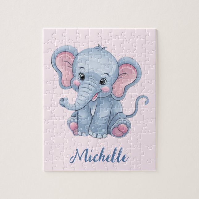 Personalisierter Name Rosa Blauer Elefant Mädchen (Vertikal)