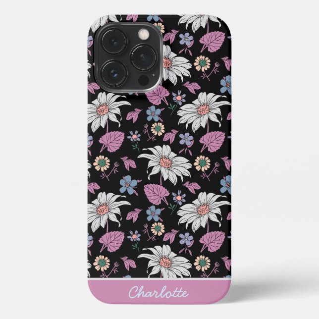 Personalisierter Name Rosa Blumenmuster nahtlos iPhone 13 Pro Max Hülle (Rückseite)