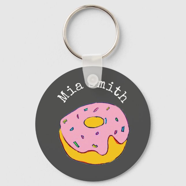 Personalisierter Name Rosa Donut niedlich auf grau Schlüsselanhänger (Vorderseite)