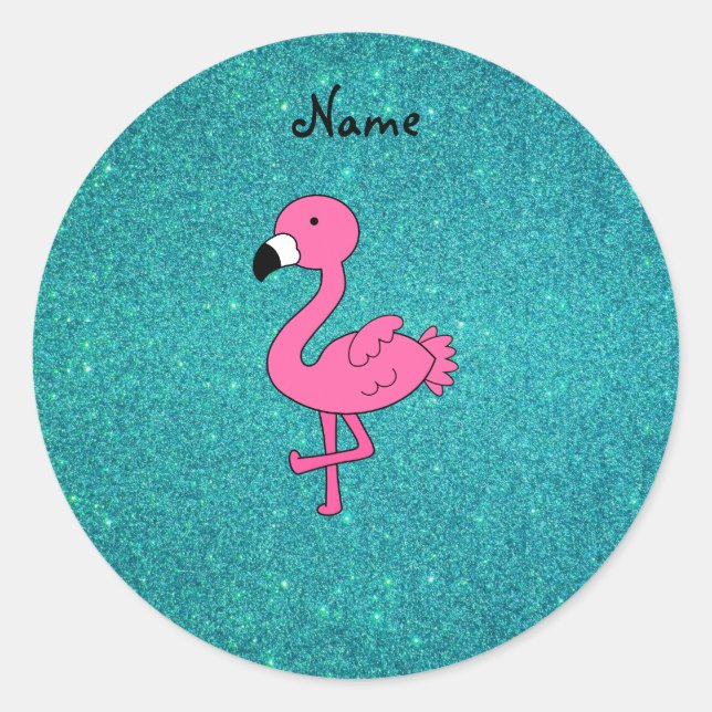 Personalisierter Name Rosa Flamingo Türkis Glitzer Runder Aufkleber (Vorderseite)