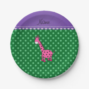 Personalisierter Name Rosa Giraffe Grüne Polka Pun Pappteller