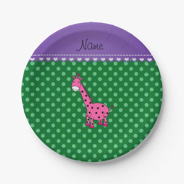 Personalisierter Name Rosa Giraffe Grüne Polka Pun Pappteller (Vorderseite)