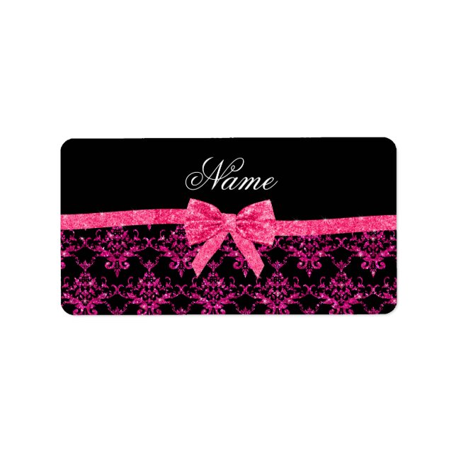 Personalisierter Name Rosa Glitzer Damaske Rosa Bu Adressaufkleber (Vorne)