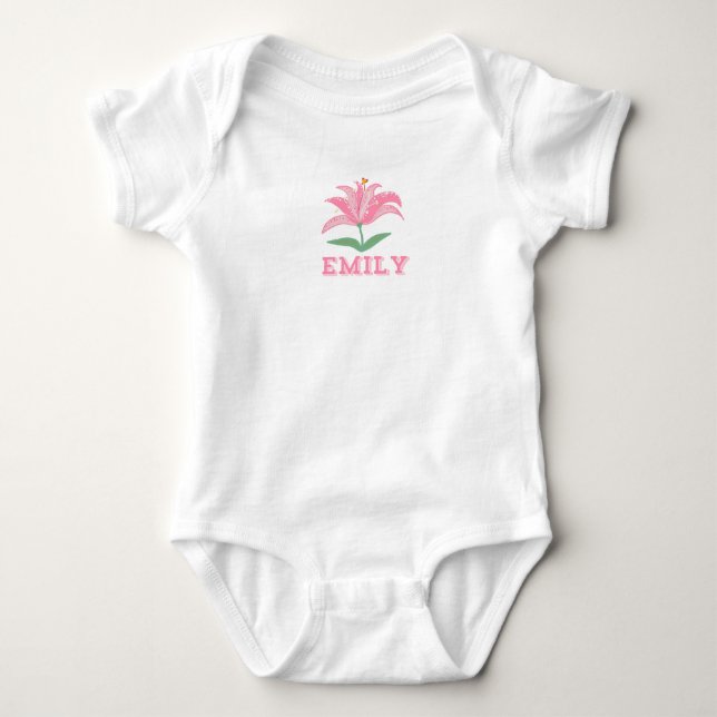 Personalisierter Name Rosa Lilie Blume Baby Bodysu Baby Strampler (Vorderseite)