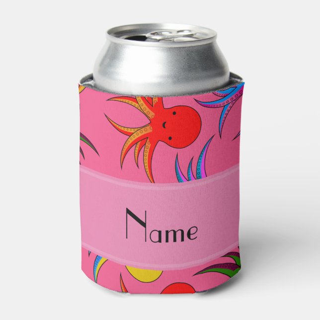 Personalisierter Name Rosa Regenbogenktopus Dosenkühler (Kanne Vorderseite)