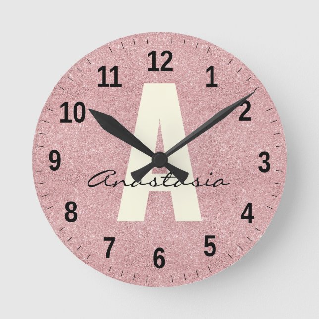 Personalisierter Name Rosa Rosegold Glitzer Runde Wanduhr (Vorderseite)