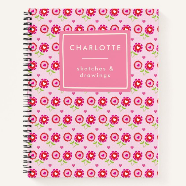 Personalisierter Name Rosa rote Blume Herzenslust Notizbuch (Vorderseite)