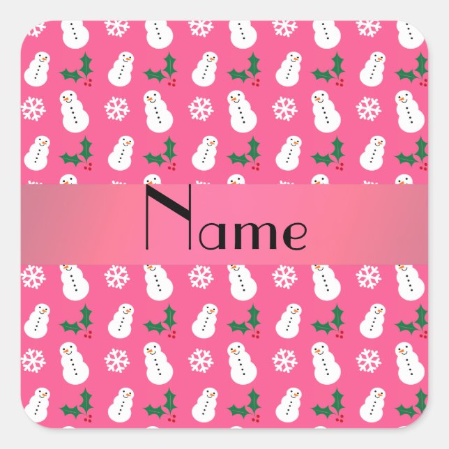 Personalisierter Name Rosa Snowman Weihnachten Quadratischer Aufkleber (Vorderseite)