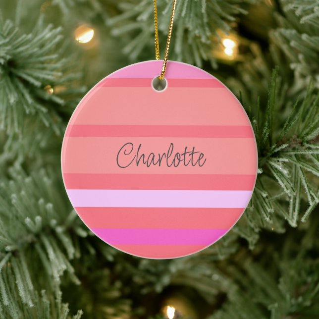 Personalisierter Name Rosa Streifen Weihnachten Keramik Ornament (Baum)