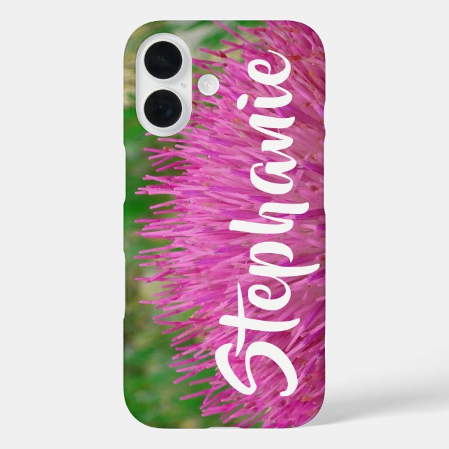 Personalisierter Name Rosa und Grüne Blüte iPhone 16 Hülle (Rückseite)