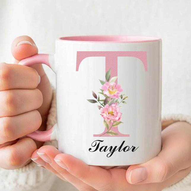 Personalisierter Name Rose Florales Monogramm Tass Tasse (Personalized Pink Rose Monogram Mug Gift for Her, Floral Roses Initial Name Mug Mother’s Day Gift)