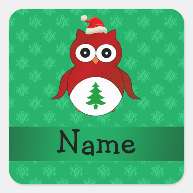 Personalisierter Name Rote Santa Uhu grüne Schneef Quadratischer Aufkleber (Vorderseite)