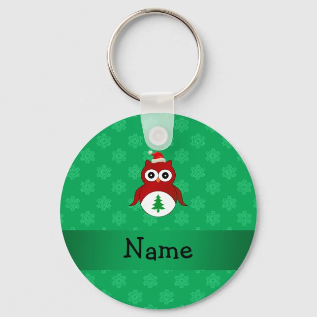Personalisierter Name Rote Santa Uhu grüne Schneef Schlüsselanhänger (Vorderseite)
